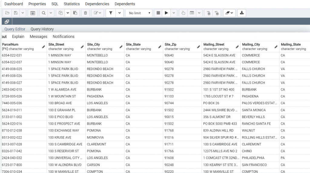 Queried property data from database