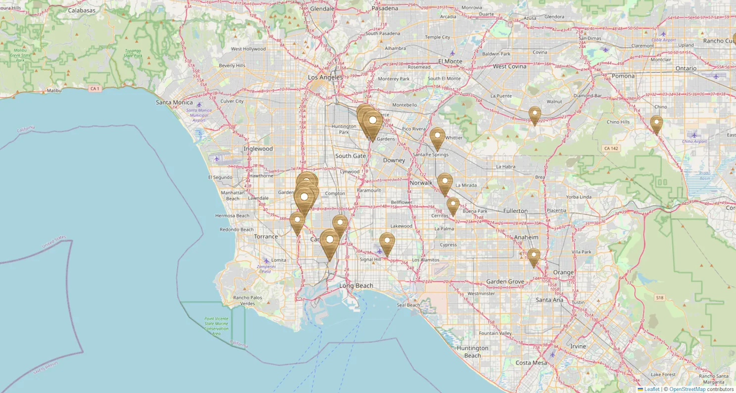 Map with Gold Markers denoting Class A buildings in LA County