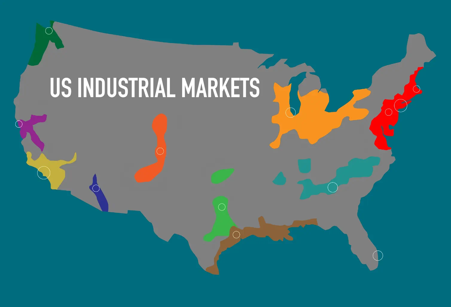 US Industrial Markets marked by different colors depending on market region